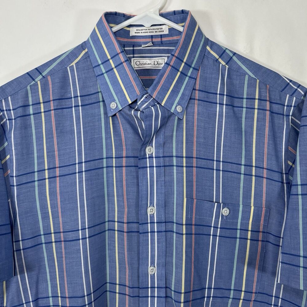 VTG Christian Dior Short Sleeve Button Down Shirt Mens Medium Blue Pastel Plaid